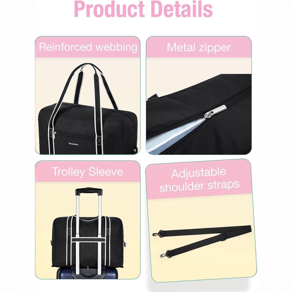 BAGSMART BlackFoldable Travel Duffel Bag - Picture 3 of 5